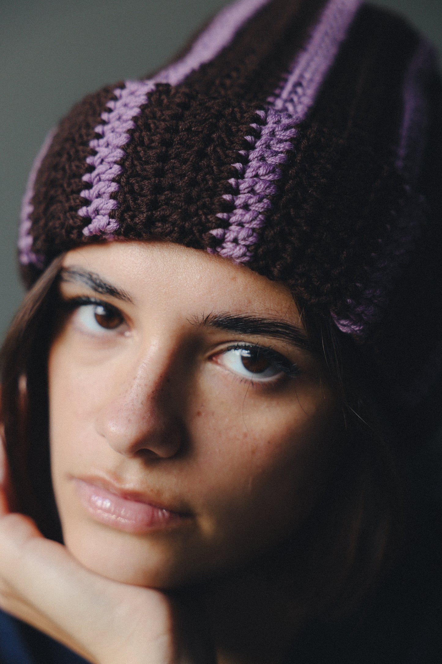 Wool beanie hat striped BROWN LILAC