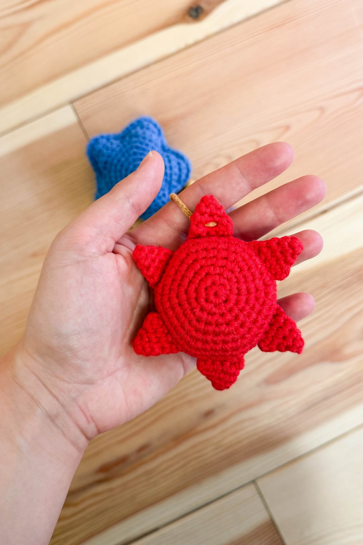 Handmade baby crochet wall hanger - red taupe blue