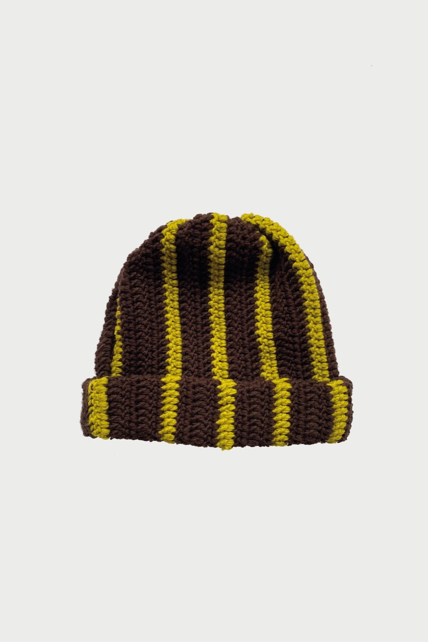 Wool beanie hat striped BROWN LIME