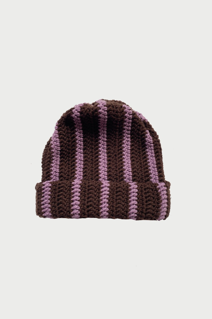 Wool beanie hat striped BROWN LILAC