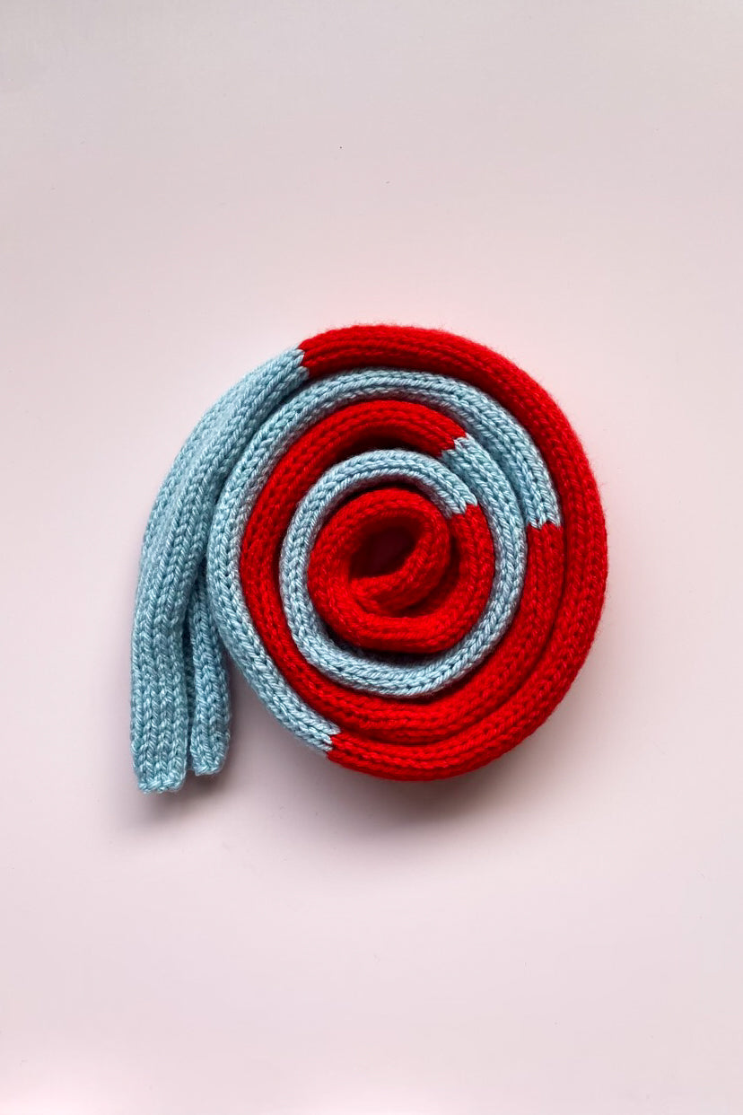 Skinny roll scarf BABY BLUE & RED