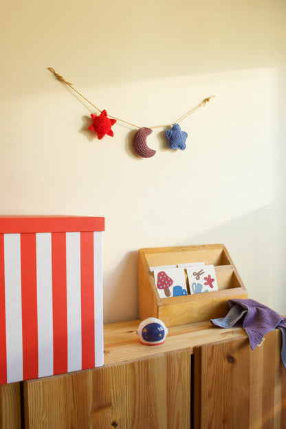Handmade baby crochet wall hanger - red taupe blue