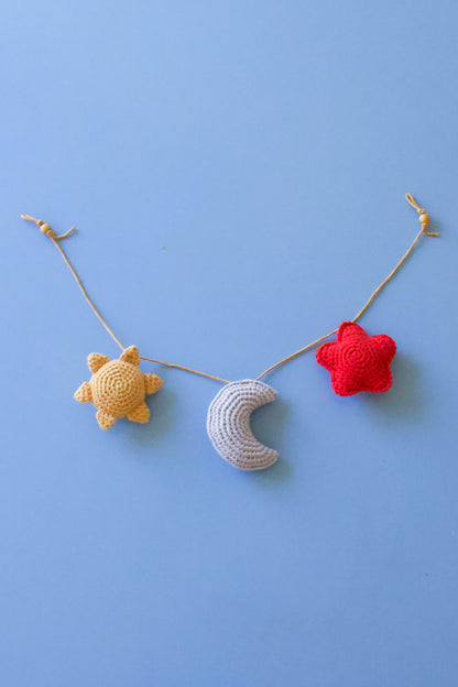 Handmade baby crochet wall hanger - yellow light blue red