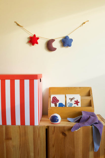 Handmade baby crochet wall hanger - red taupe blue
