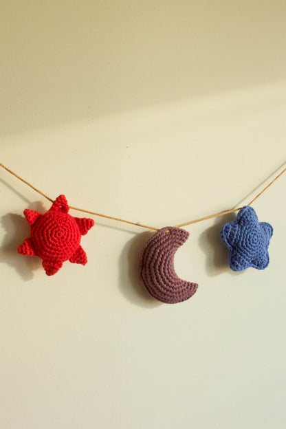 Handmade baby crochet wall hanger - red taupe blue