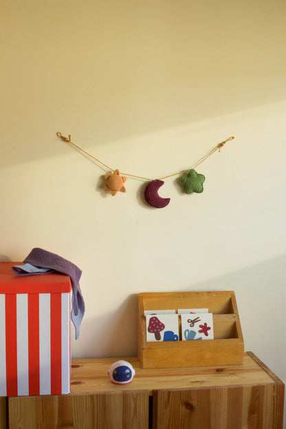 Handmade baby crochet wall hanger - yellow aubergine green