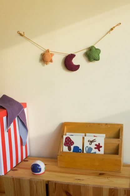 Handmade baby crochet wall hanger - yellow aubergine green