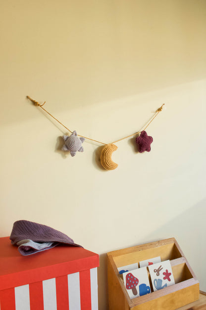 Handmade baby crochet wall hanger - light blue yellow aubergine