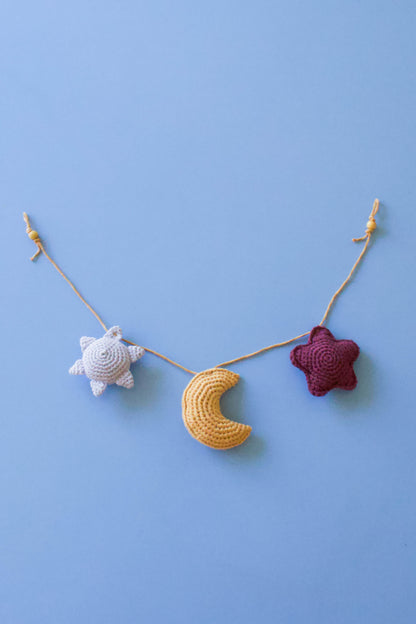 Handmade baby crochet wall hanger - light blue yellow aubergine
