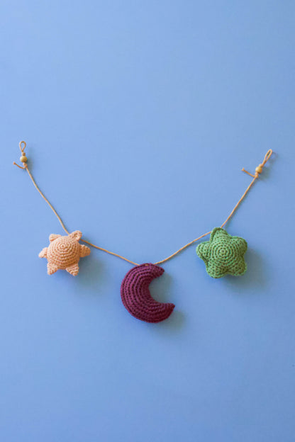 Handmade baby crochet wall hanger - yellow aubergine green