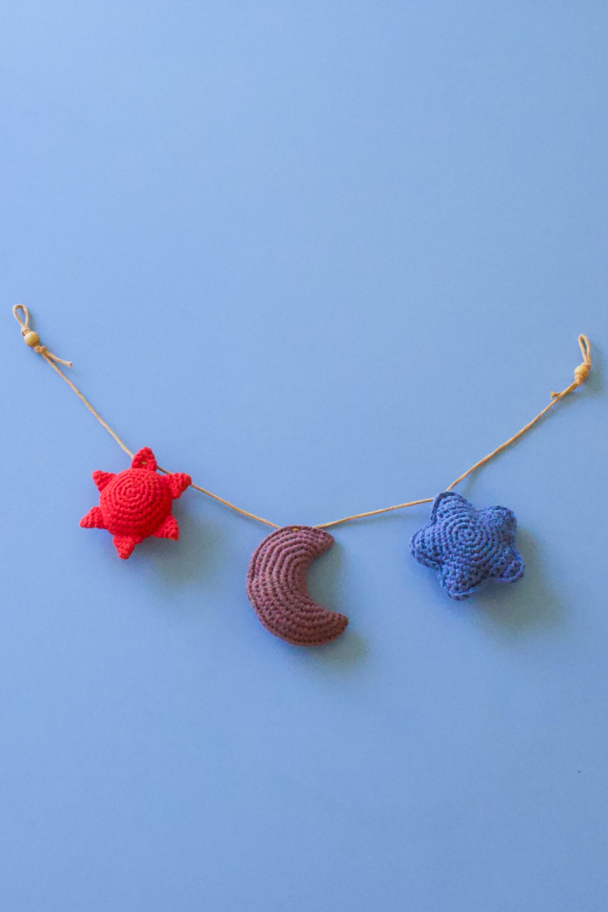 Handmade baby crochet wall hanger - red taupe blue