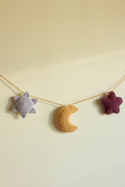 Handmade baby crochet wall hanger - light blue yellow aubergine